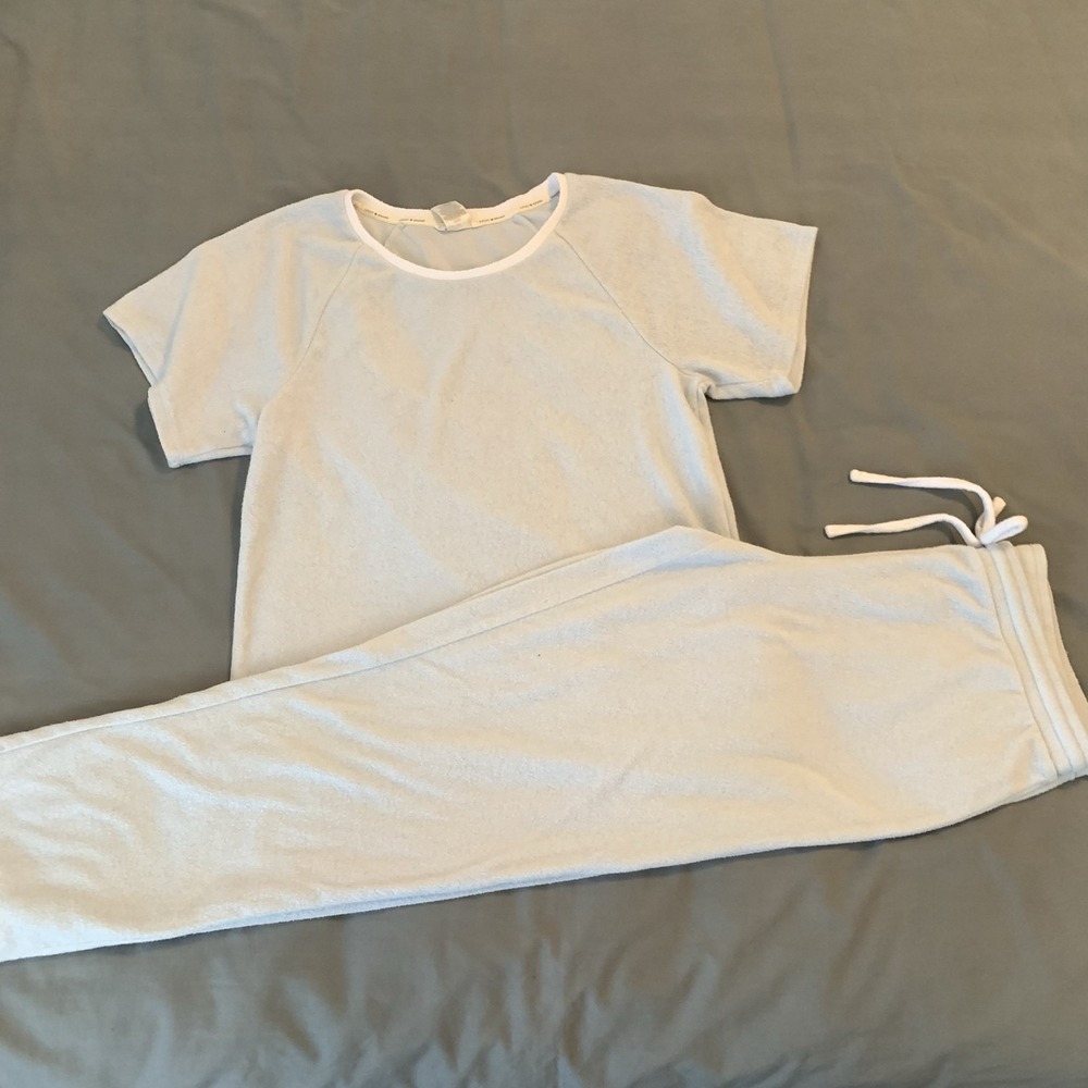 Lucky Brand Lounge Set Womens Large Blue Terry Short Sleeve Pants 2 Piece